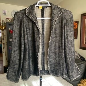 100% Linen Open Jacket Blazer Black/Gray Fringe Hem Size 4